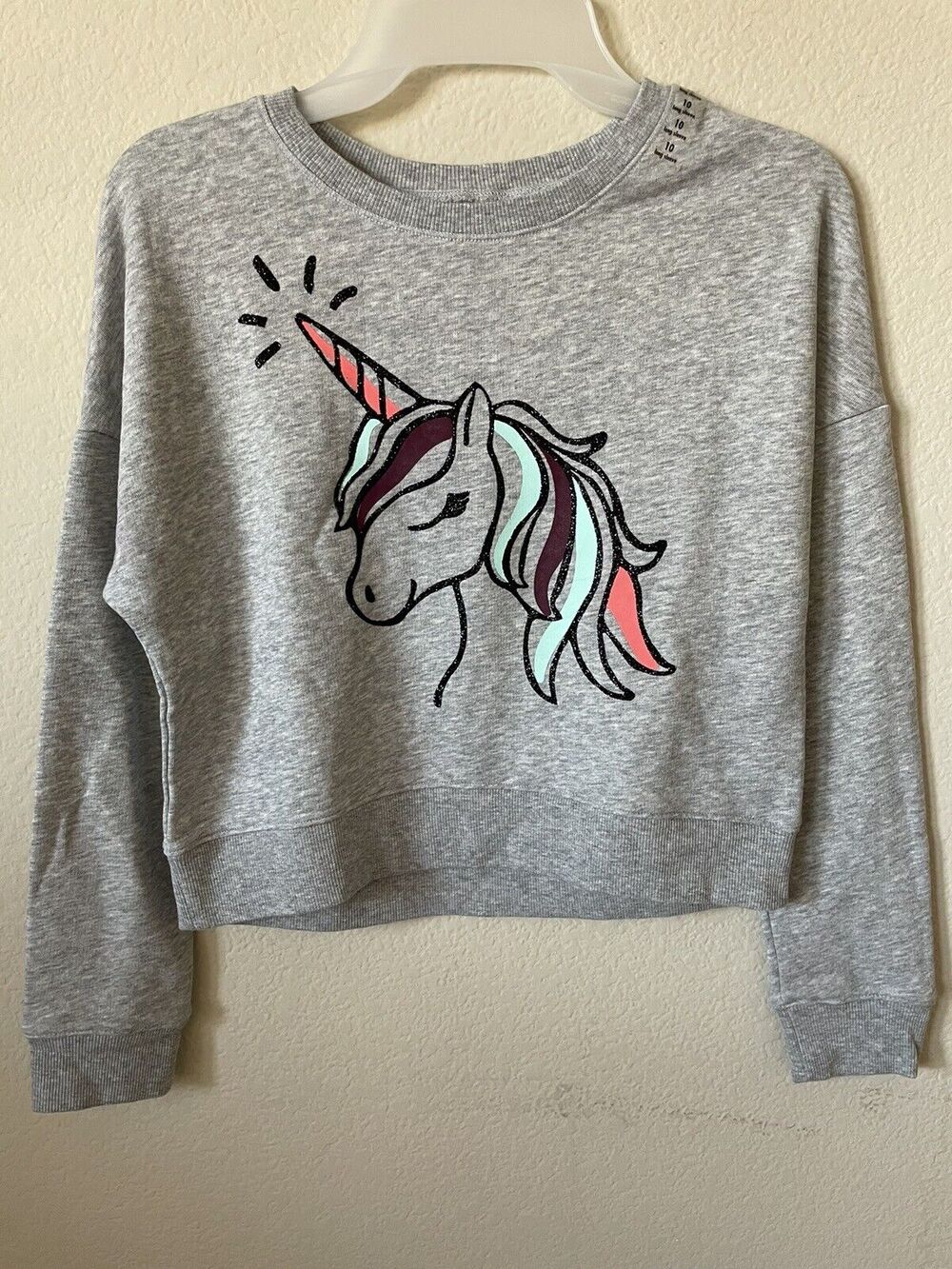 Justice Active Sparkle Glitter Unicorn Long Sleeve Crop Sweatshirt Top Size 10